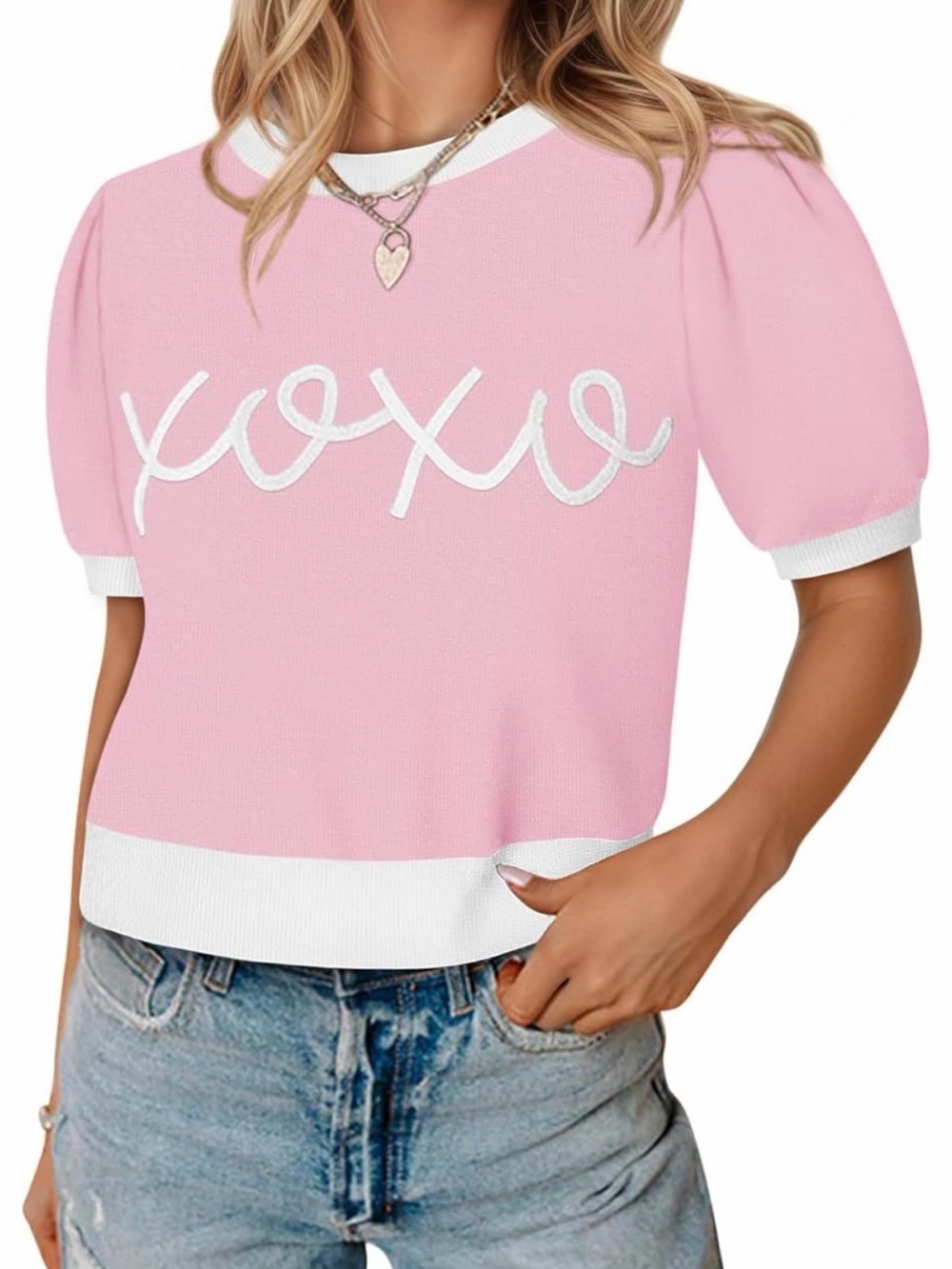 Pink 'XOXO' Knit Top with White Trim